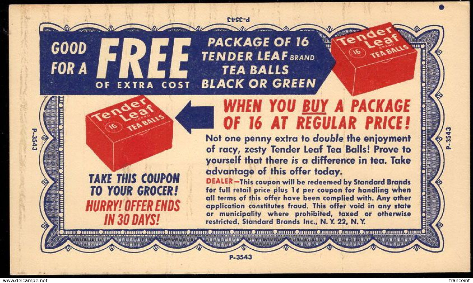 U.S.A.(1950) Boxes Of Tea. One Cent Postal Card With Advertising. "Tender Leaf Tea." - 1941-60