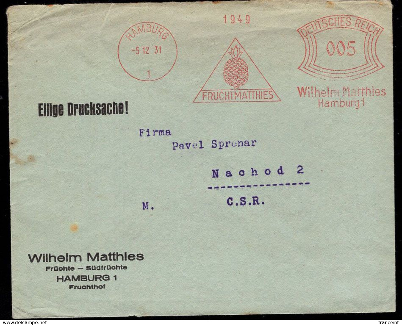 GERMANY(1931) Pineapple. Red Meter Cancellation On Envelope Fruchtmatthies. - Other & Unclassified