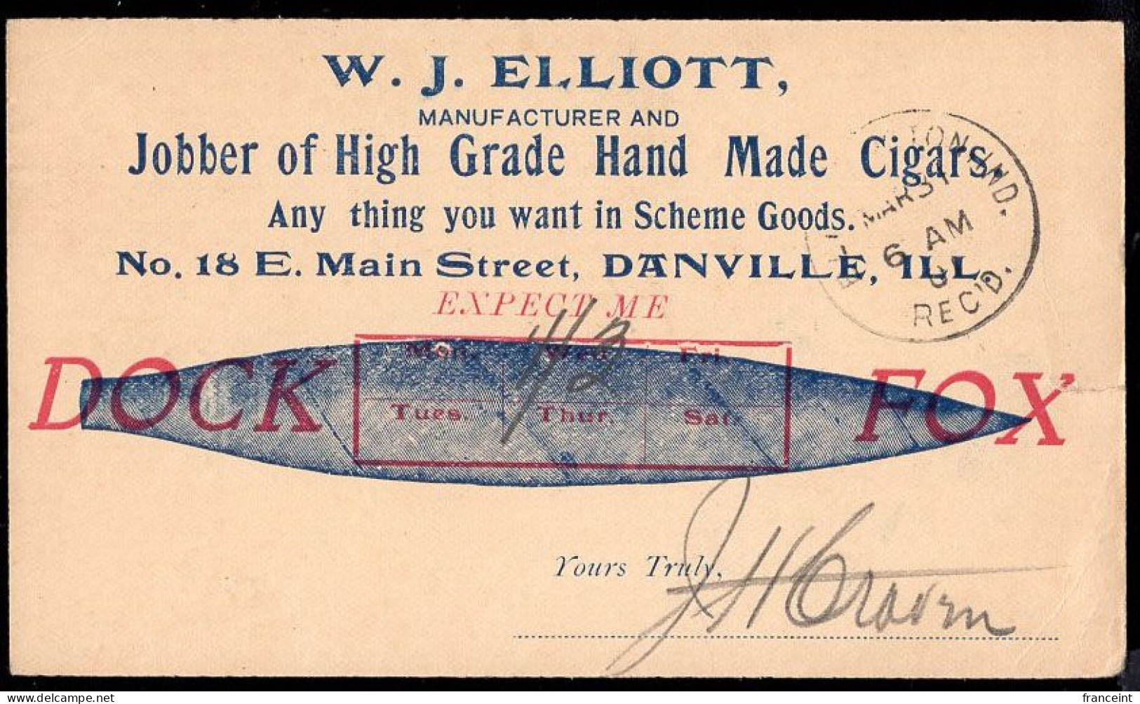 U.S.A.(1901) Hand-made Cigar. One Cent Postal Card With Illustrated Ad For W.J. Elliott High Grade Hand Made Cigars. - 1901-20