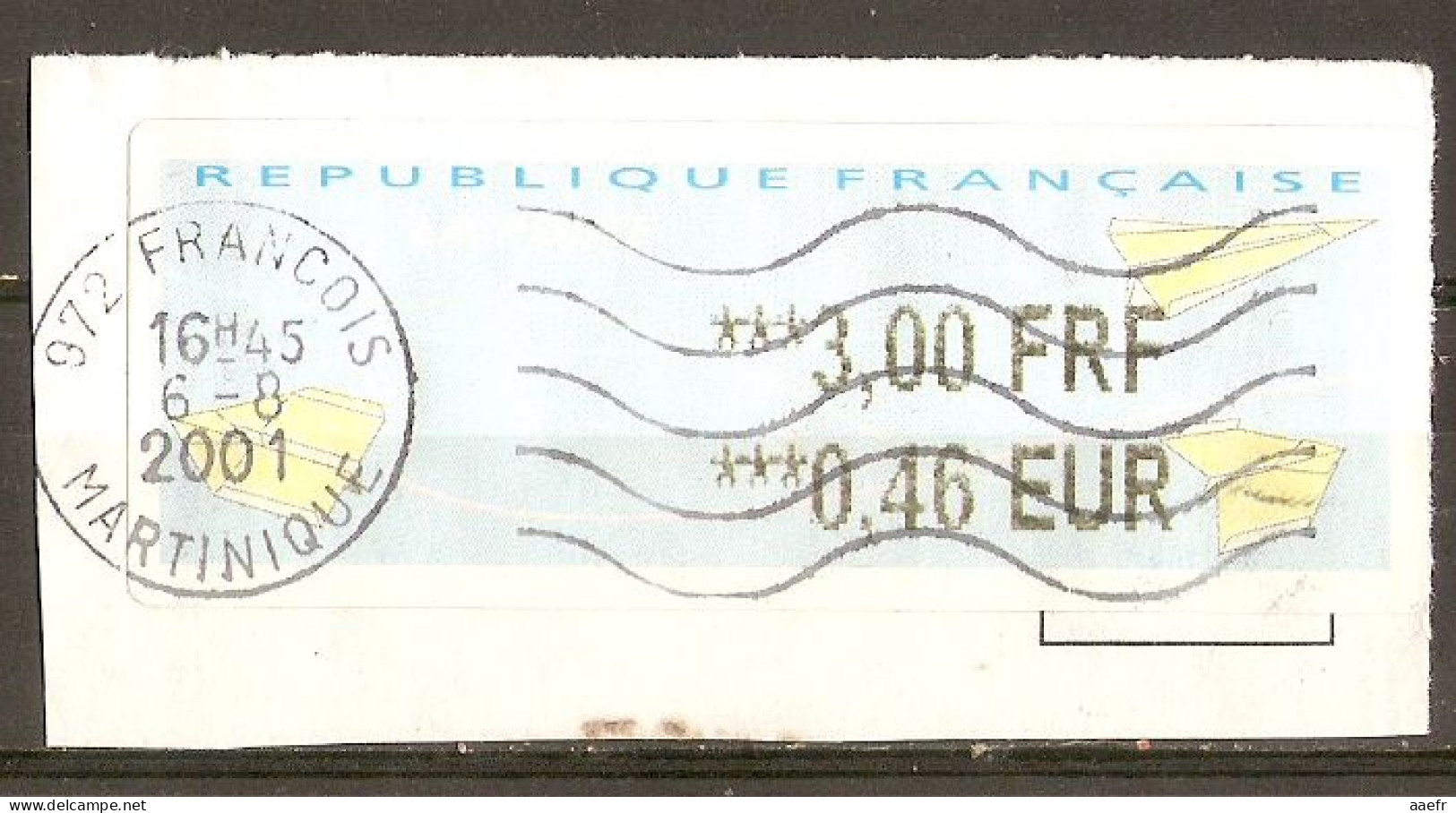 France 2001 - Vignette ATM Type Avions En Papier - Le François En Martinique - Montant En FF Et € - 2000 Type « Avions En Papier »