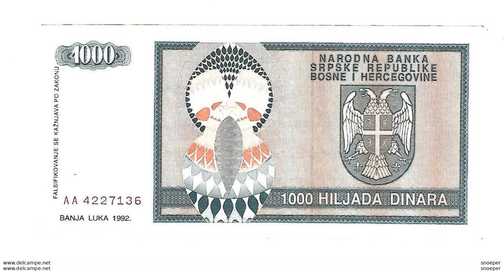 Bosnia Herzegovuna 1000 Dinara 1992  137  Unc - Bosnie-Herzegovine