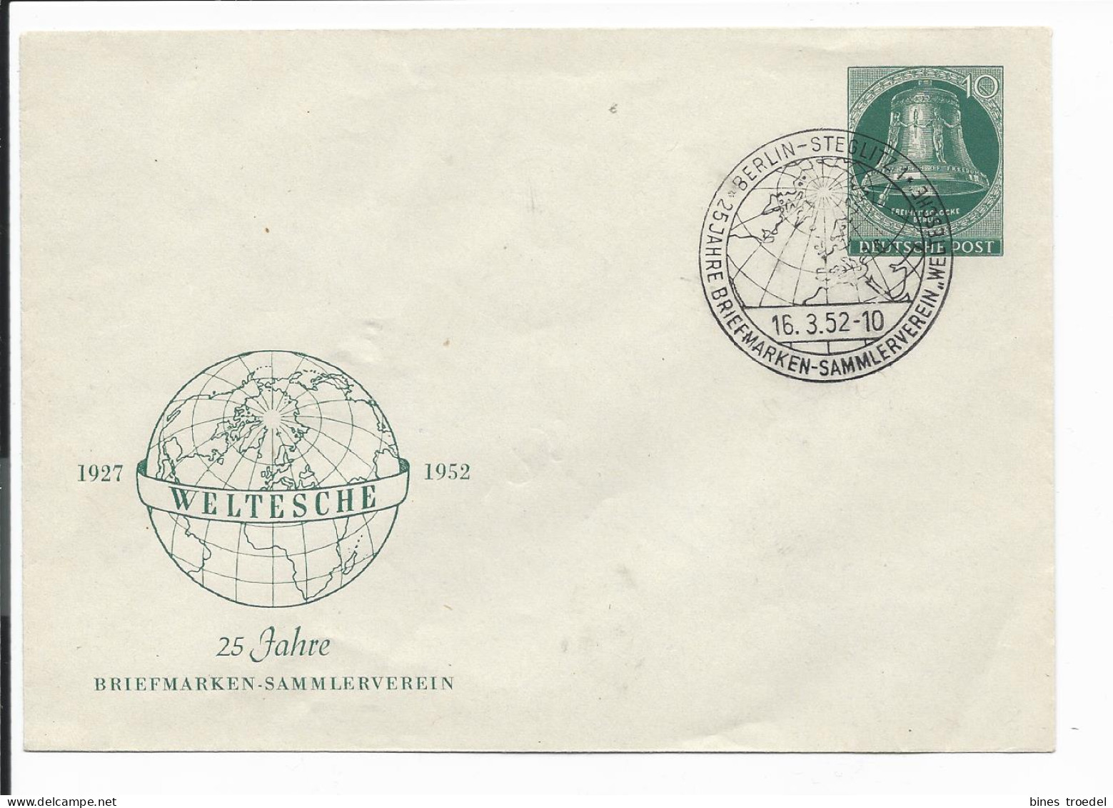 Berlin PU 12 - 10 Pf  Glocke - Umschlag Weltesche 1952m. Blanko Sonderstempel - Private Covers - Used