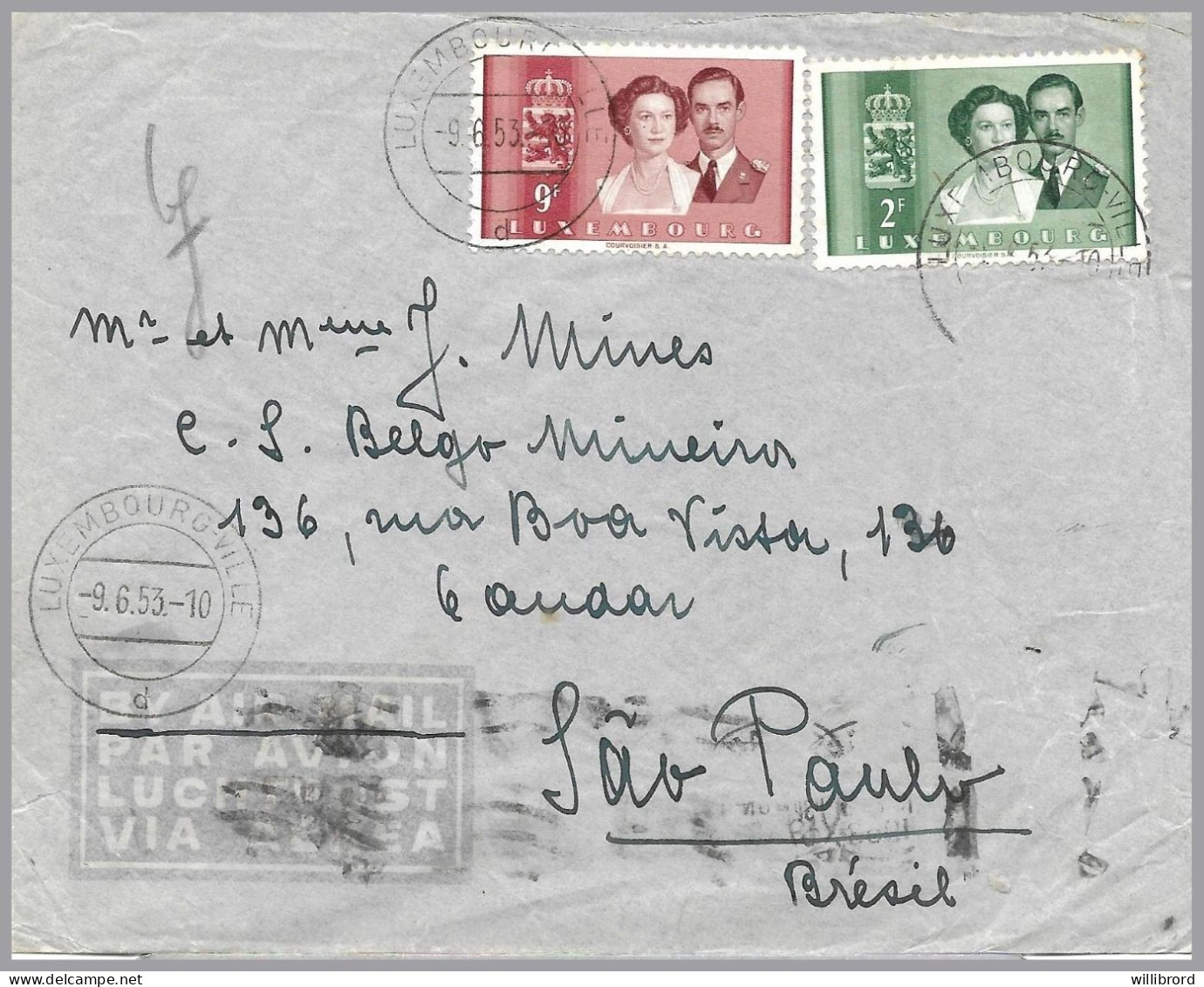 LUXEMBOURG -1953 AIRMAIL To BRAZIL - 2F & 9F Royal Marriage To Sao Paulo - Briefe U. Dokumente