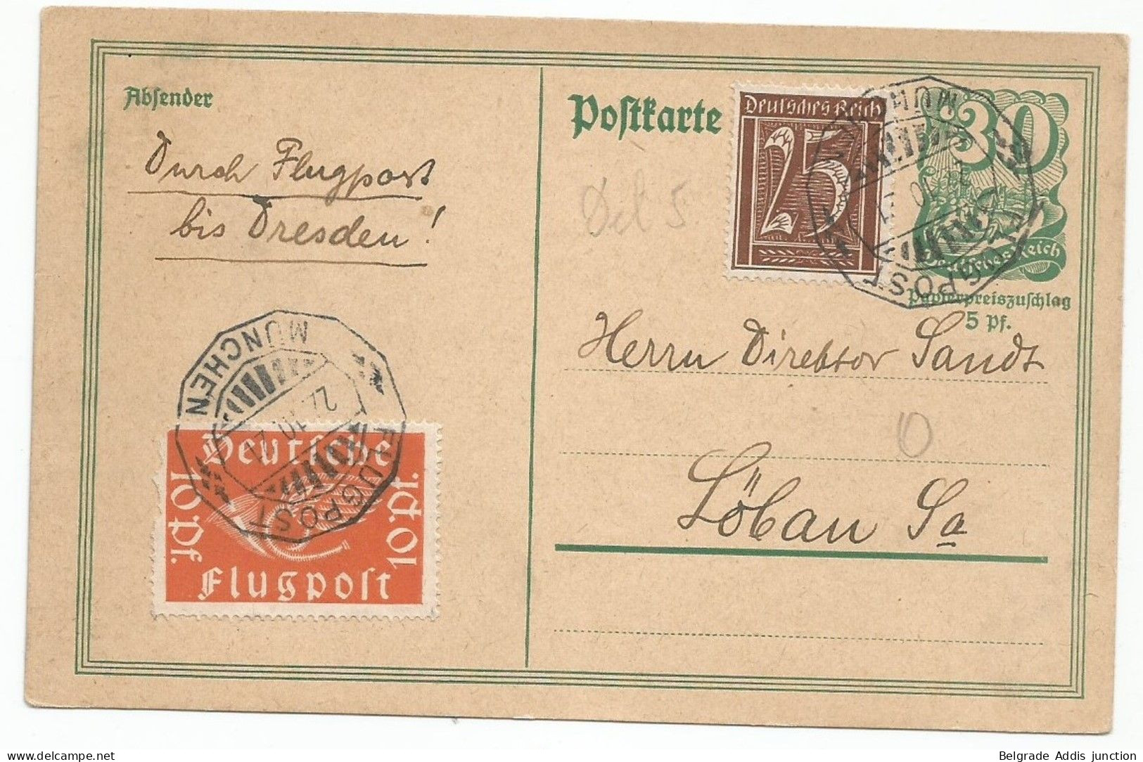 DR Deutschland Germany Postal Stationery Flugpost Nürnberg - Dresden 1921 - Luft- Und Zeppelinpost