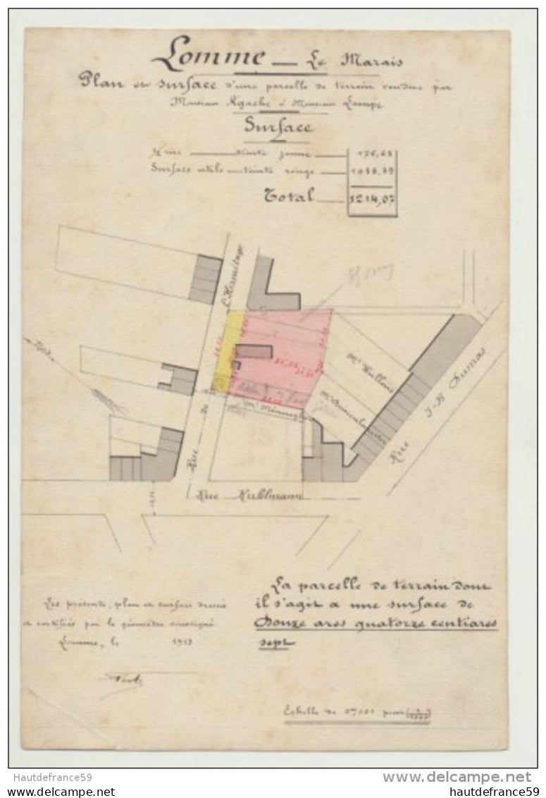 RARE Ancien Plan Original De Géomètre 1913 Commune LOMME Le Marais Plan & Surface Signé Perte Géomètre Prop AGACHE - Topographical Maps