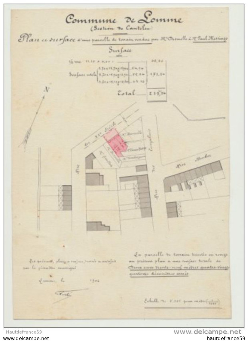 RARE Ancien Plan Original De Géomètre 1906 Commune LOMME CANTELEU Plan & Surface Signé Perte Géomètre Prop Desruell - Mapas Topográficas