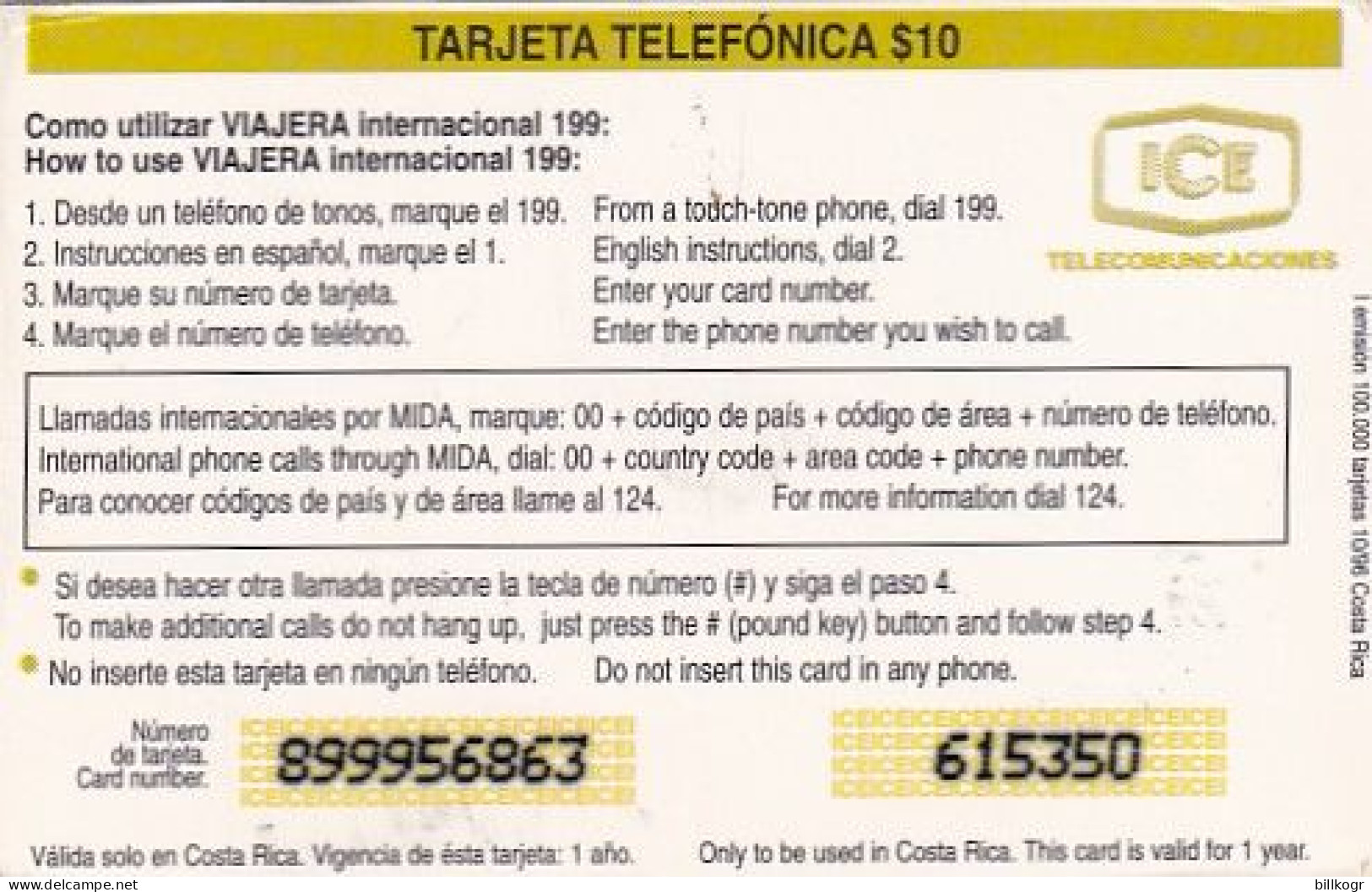 COSTA RICA - Parrot, ICE Prepaid Card $10, 10/96, Used - Parrots