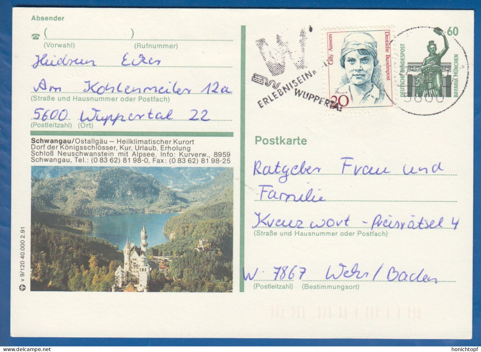 Deutschland; BRD; Postkarte; 20+60 Pf Bavaria München Und Cilly Aussem; Schwangau Schloss Neuschwanstein 1991; Bild1 - Cartes Postales Illustrées - Oblitérées