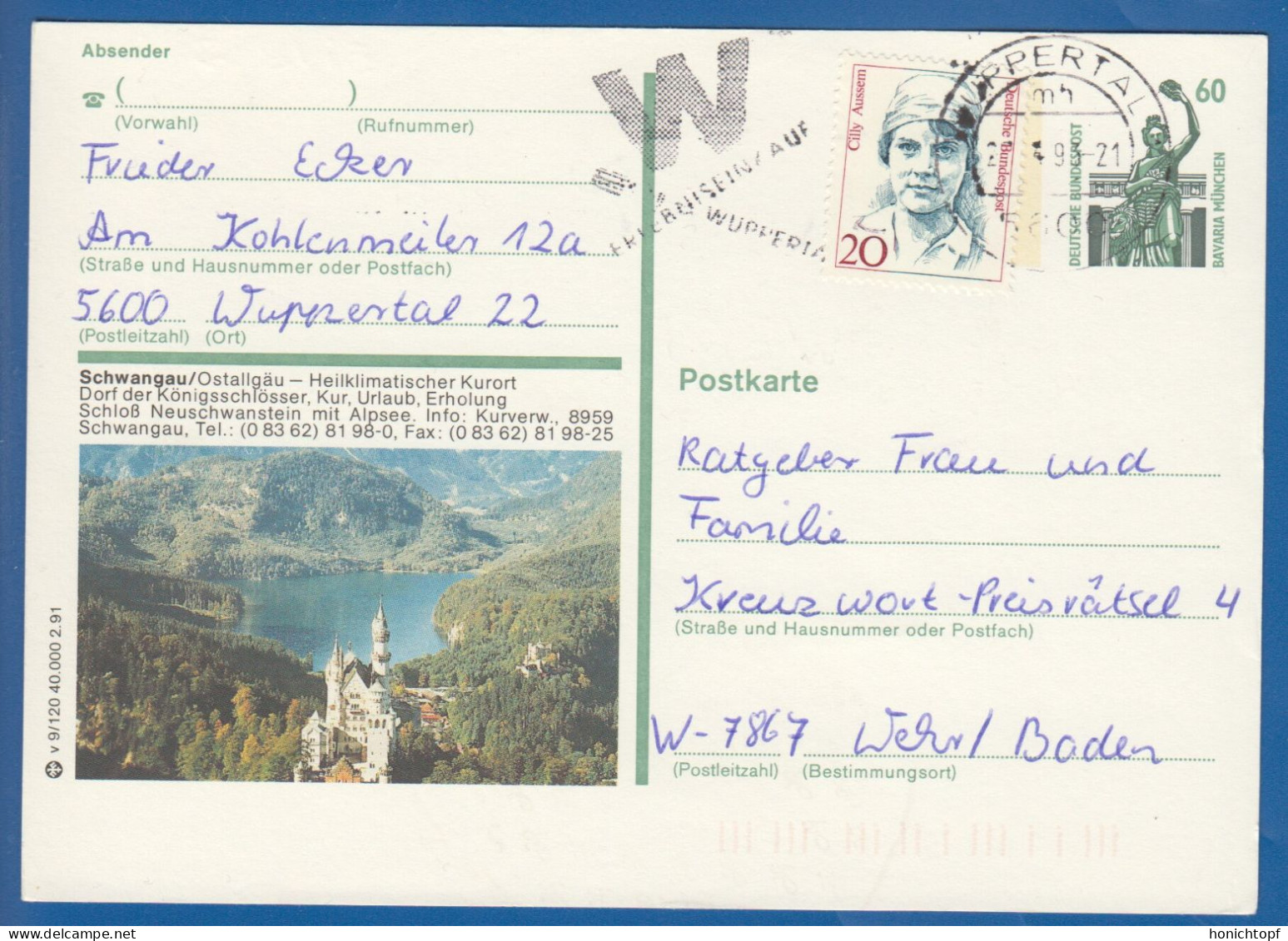 Deutschland; BRD; Postkarte; 20+60 Pf Bavaria München Und Cilly Aussem; Schwangau Schloss Neuschwanstein 1991; Bild2 - Bildpostkarten - Gebraucht