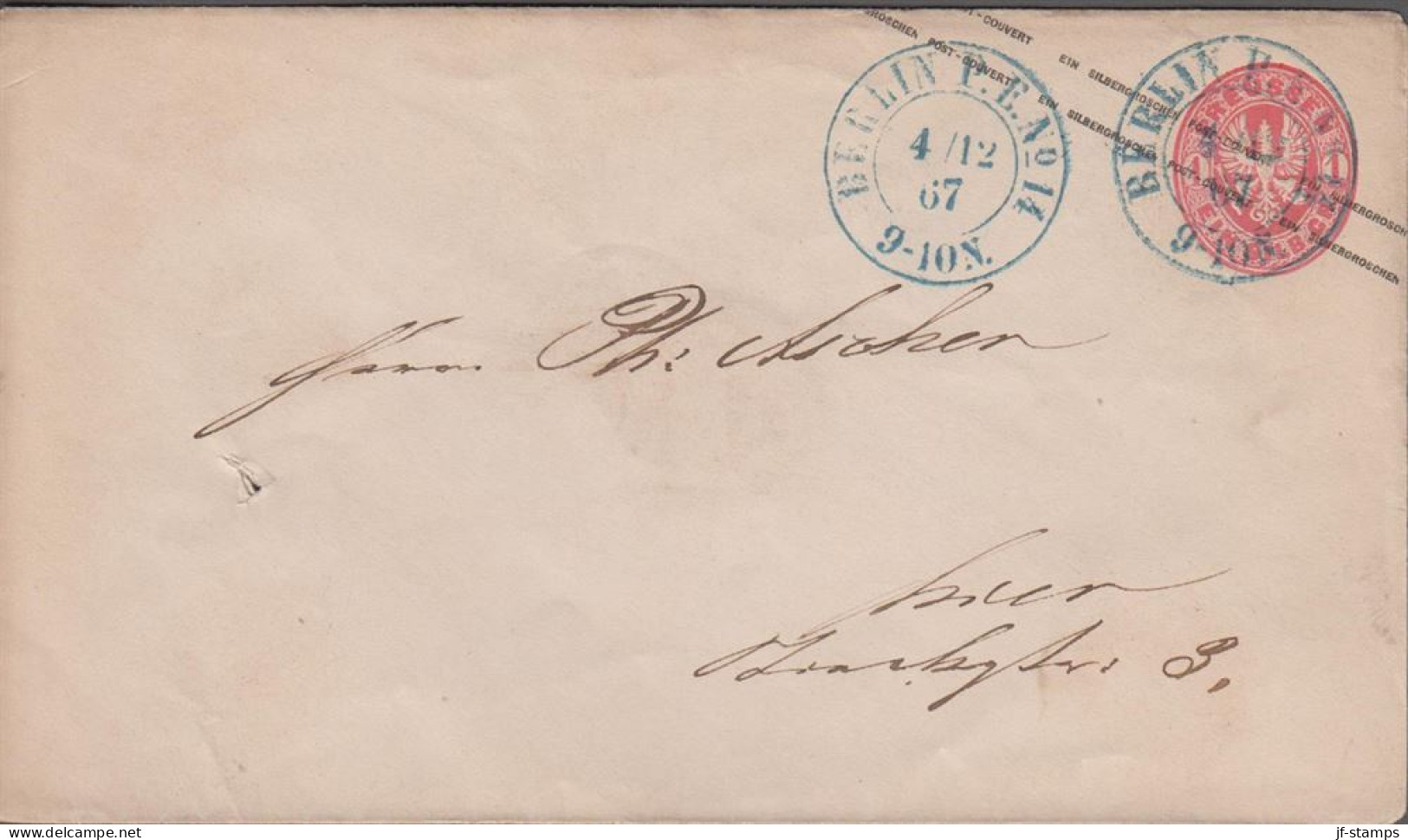 1867. PREUSSEN. 1 EIN SILB. GR. Envelope Cancelled BERLIN P. E. No 14 4/12 67 In Blue. Reverse Interesting... - JF539951 - Enteros Postales