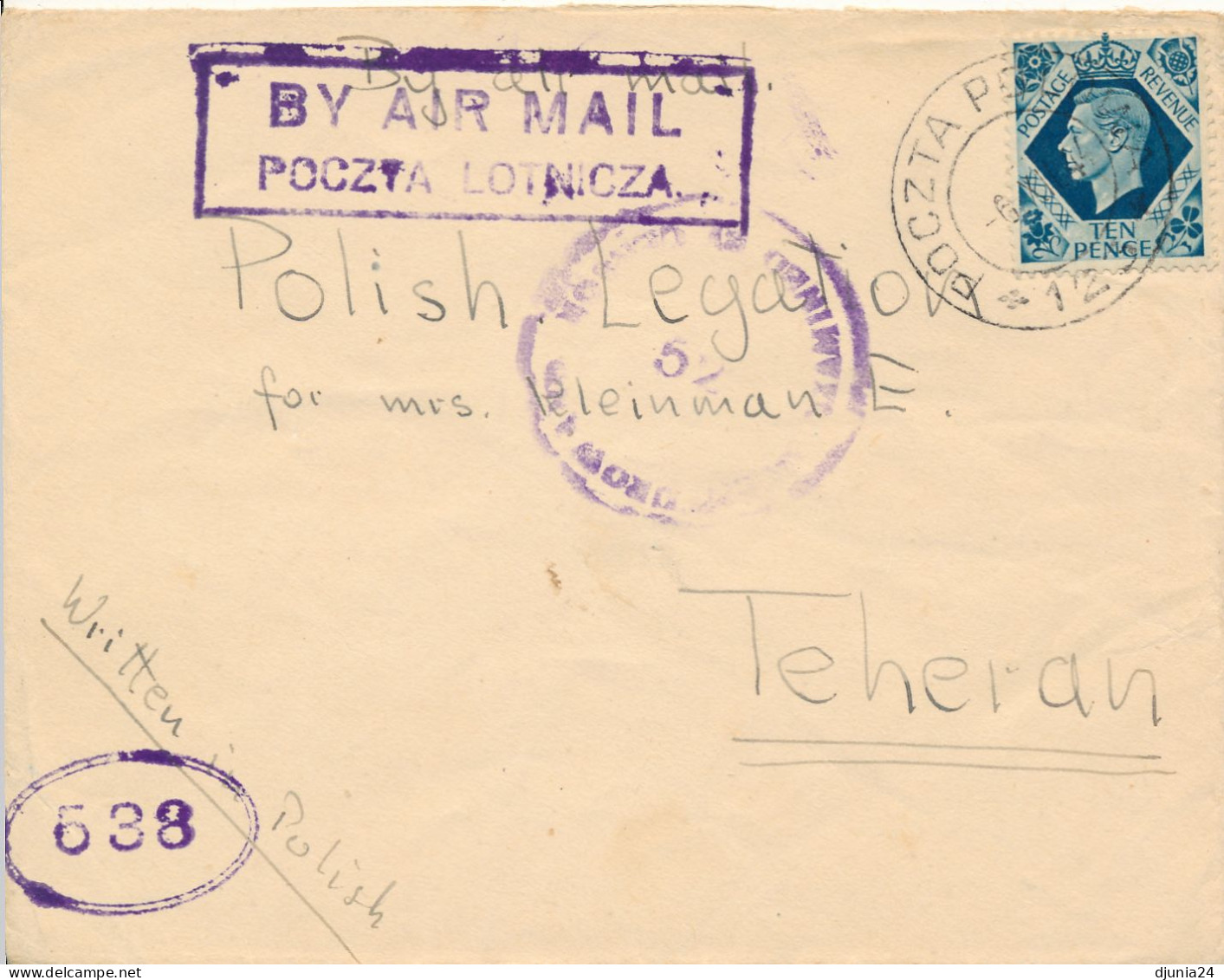 BF0101 / PALESTINE - 1944 , POCZTA POLOWA , Brief An Die Polnische Legation (Gesandschaft) In Teheran - Government In Exile In London