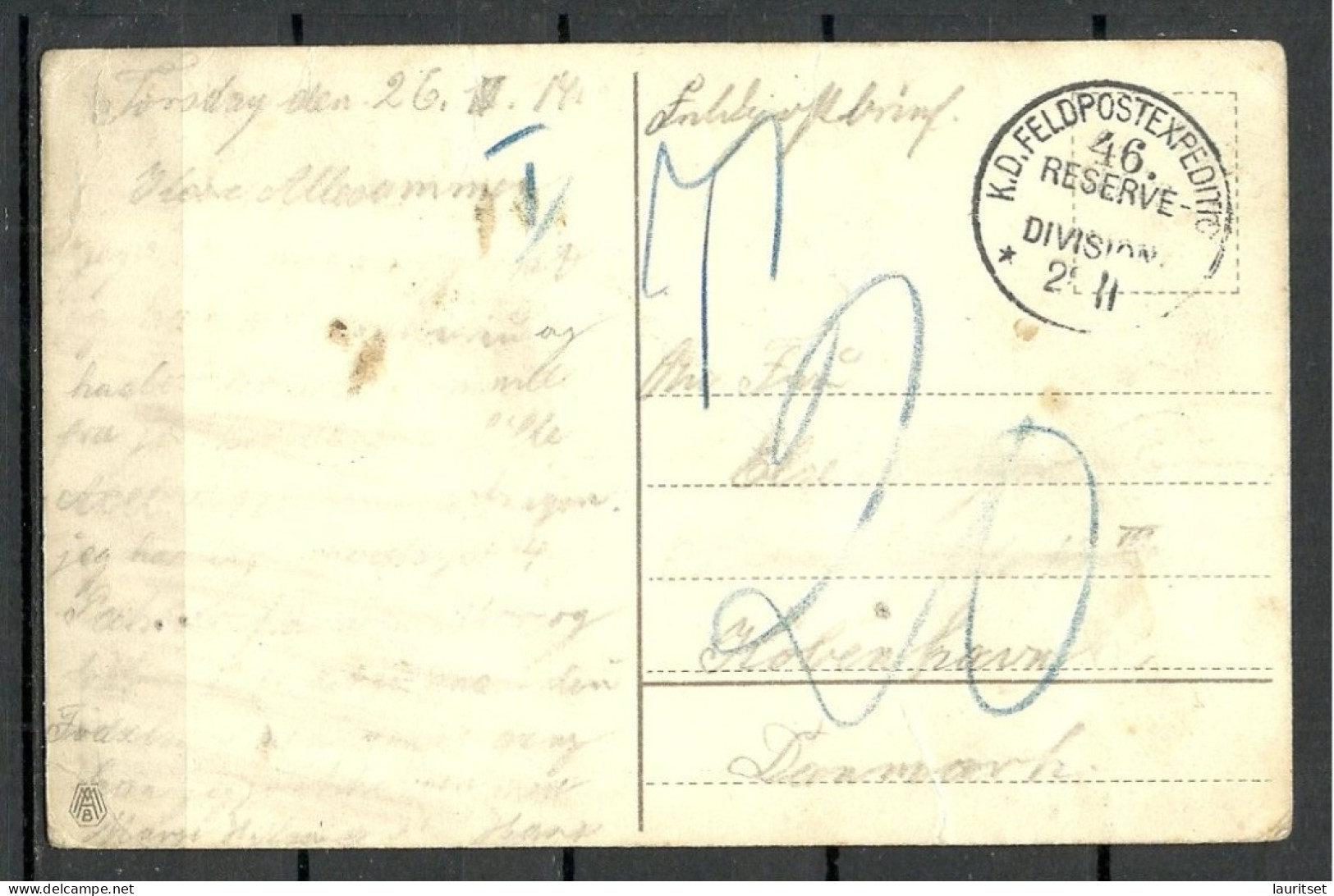 BELGIUM Belgique 1914 Field Post Feldpost K. D. Feldpostexpedition 46. Reserve, Sent To Denmark Mes Meilleurs Voeux - Covers & Documents