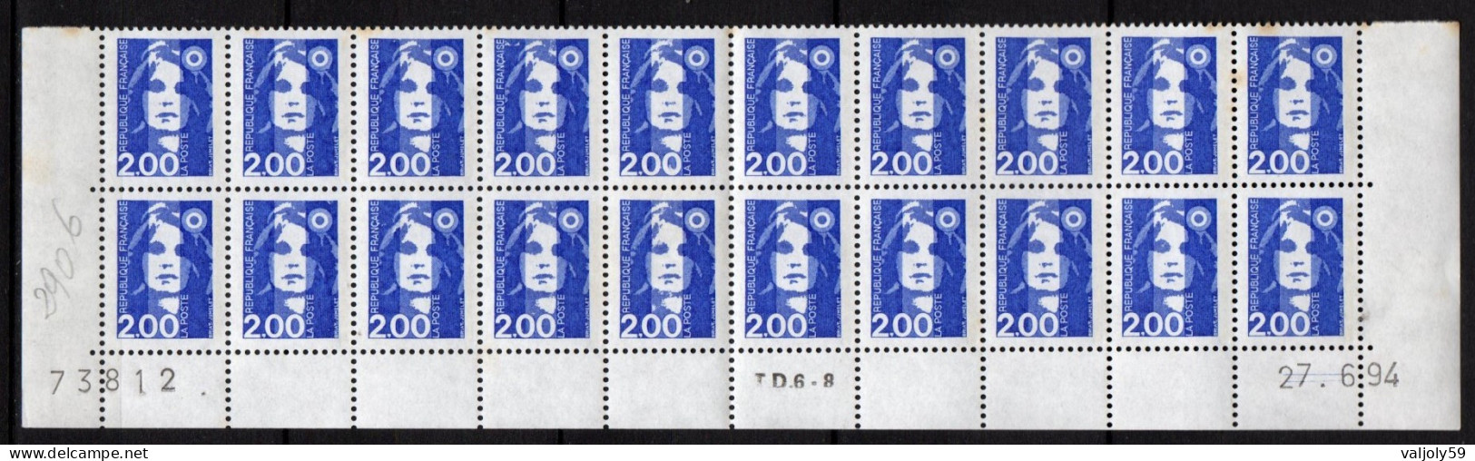 Coin Daté - YT N° 2906** Marianne Du Bicente 2,00 F Bleu - Bloc De 20 Timbres - Daté Du 27-6-94 Avec N° De Feuille 73812 - 1990-1999