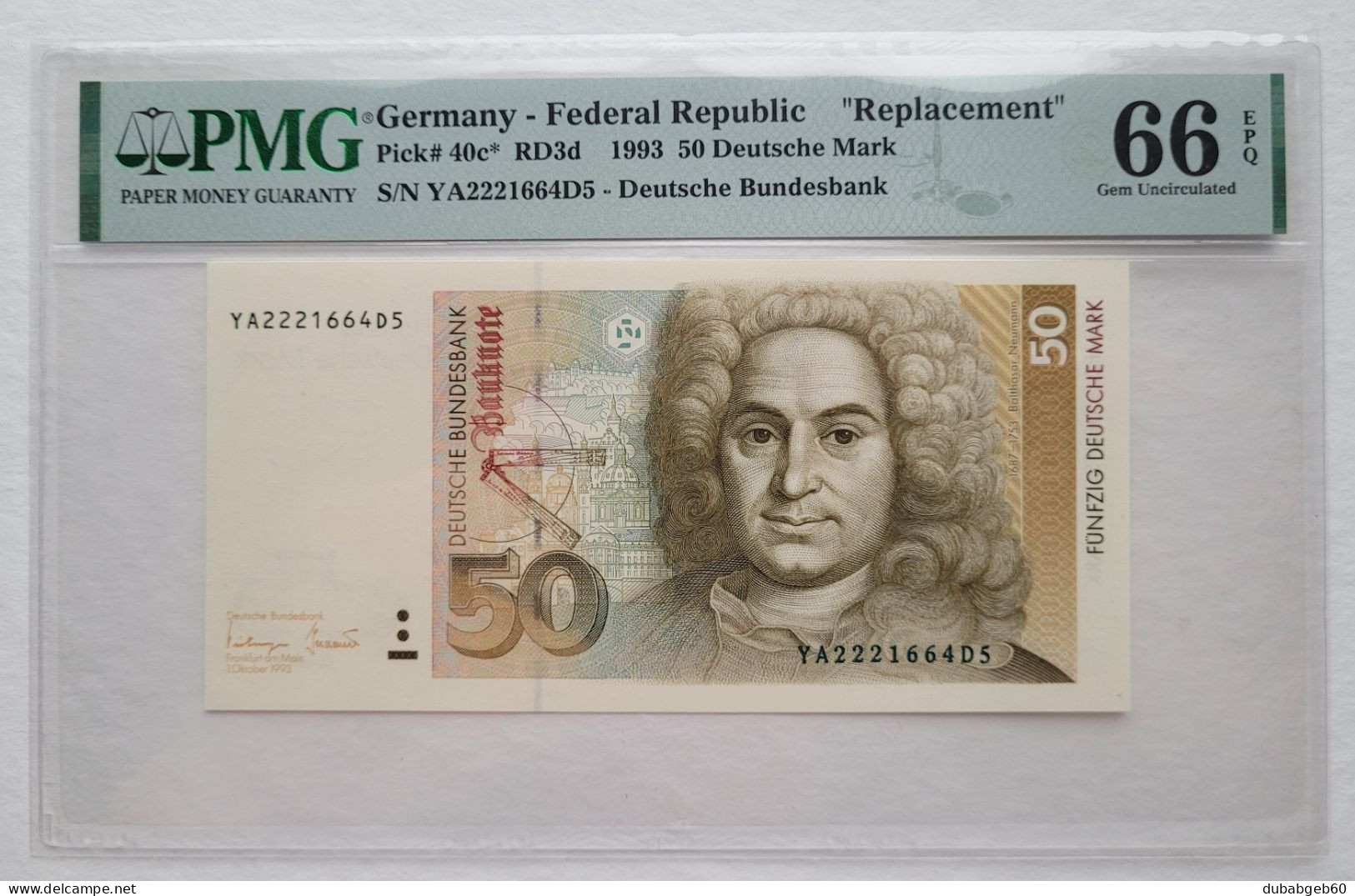 50 DM 1993 Ro 308b P#40c* ERSATRZNOTE / REPLACEMENTNOTE GEM UNC PMG 66 EPQ, YA2221664D5 Exceptional Paper Quality - 50 Deutsche Mark