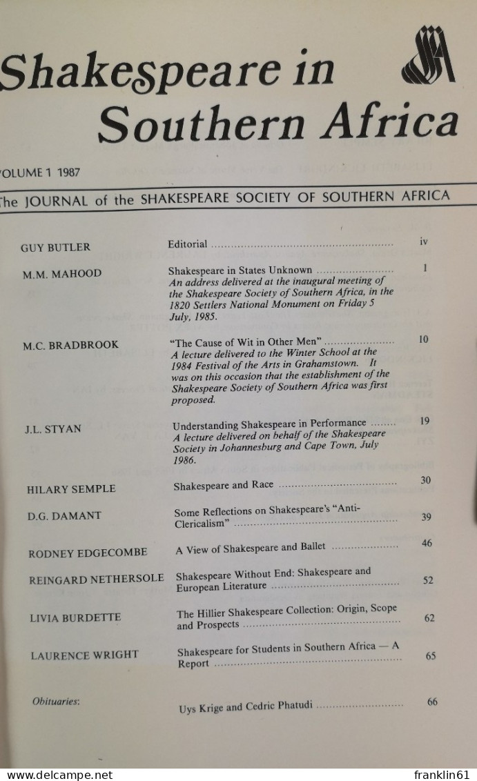 Shakespeare In Southern Africa. - Other & Unclassified