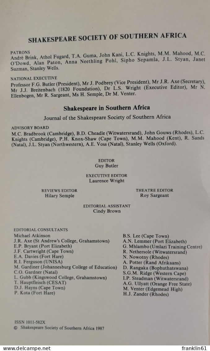 Shakespeare In Southern Africa. - Andere & Zonder Classificatie