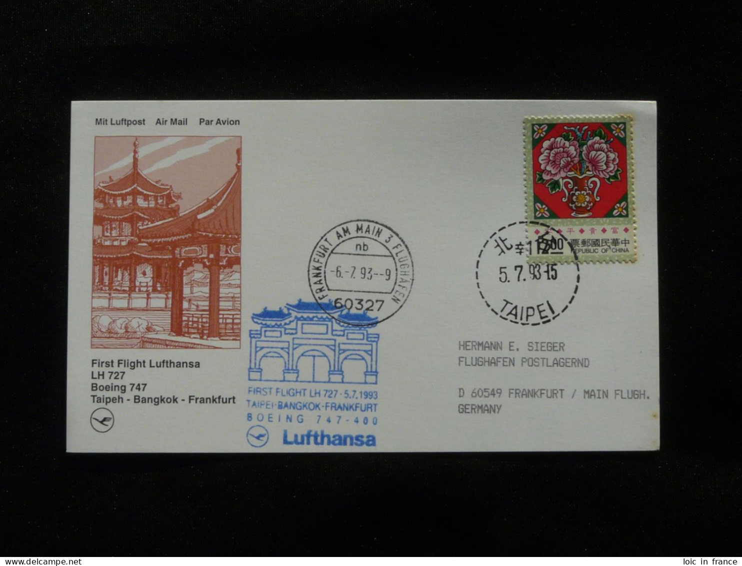 Lettre Premier Vol First Flight Cover Taiwan To Frankfurt Boeing 747 Lufthansa 1993 - Lettres & Documents