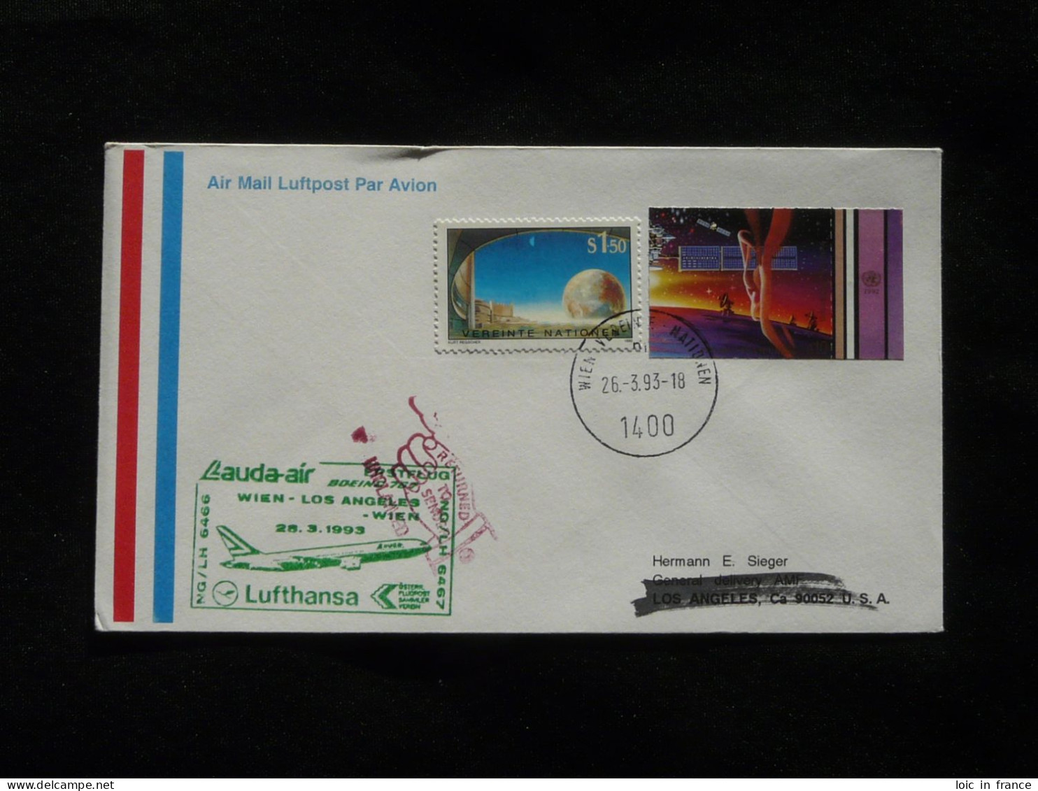 Lettre Premier Vol First Flight Cover Wien United Nations To Los Angeles Lauda Air Lufthansa 1993 - Brieven En Documenten