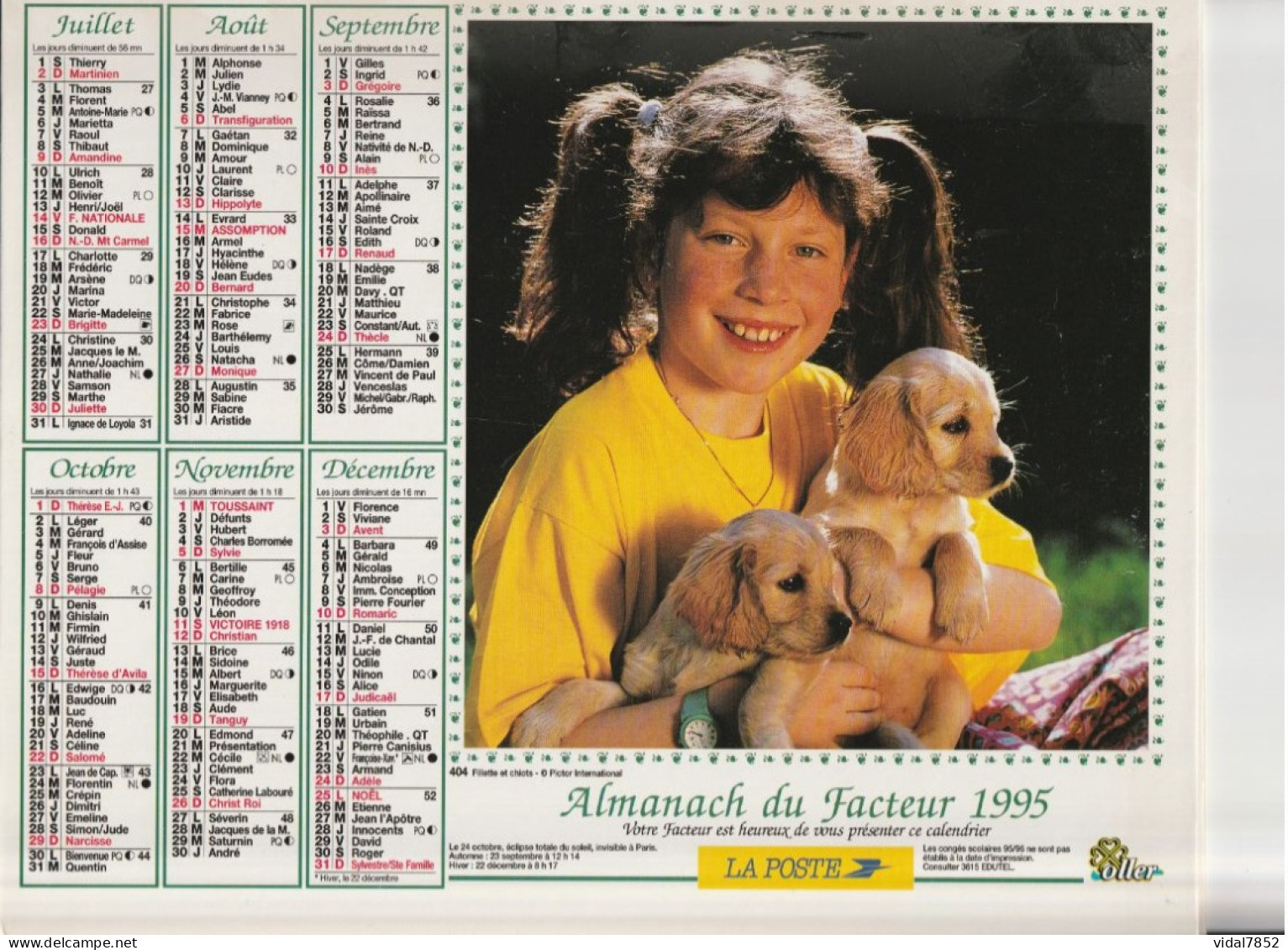 Calendrier-Almanach Des P.T.T 1995 -Lapins - Fillette Et Chiots -Département AIN-01-Référence 404 - Groot Formaat: 1991-00