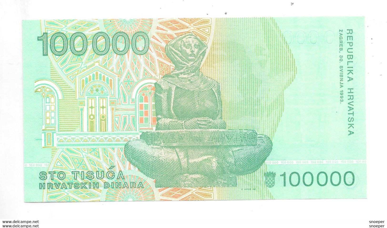 *croatia 100000 Dinara 1993 Km 27 Unc - Kroatien