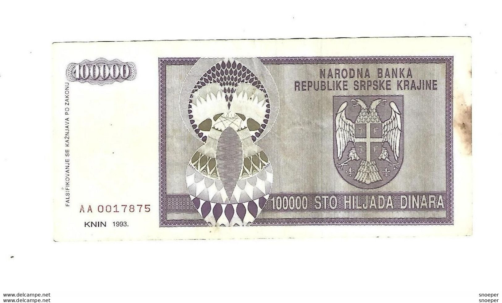 Croatia   Krajina 100000 Dinara 1993 R9 - Croazia