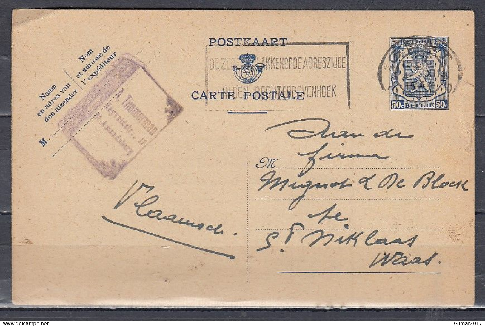 Postkaart Van Gent 10 Naar St Niklaas Waas - 1935-1949 Klein Staatswapen