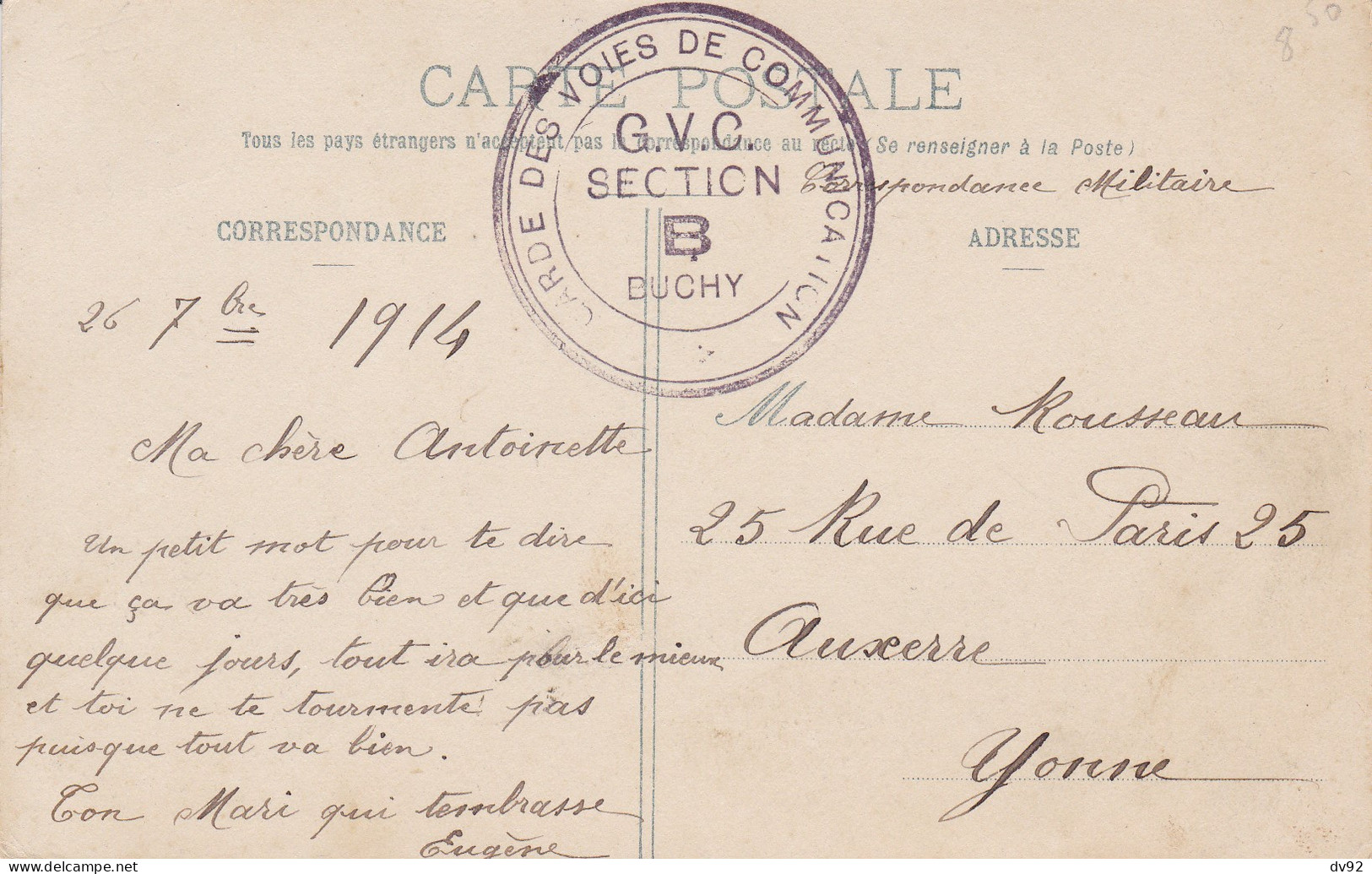 SEINE MARITIME BUCHY POSTES ET TELEGRAPHES CACHET MILITAIRE G.V.C.  (GARDE DES VOIES DE COMMUNICATION) - Buchy