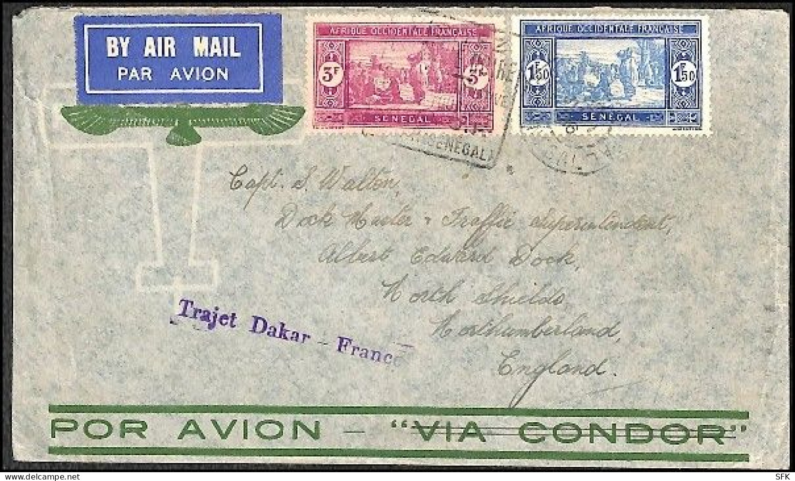 1936 Airmail From Senegal To England. With Flat Mark "Trajekt Dakar France". - Poste Aérienne