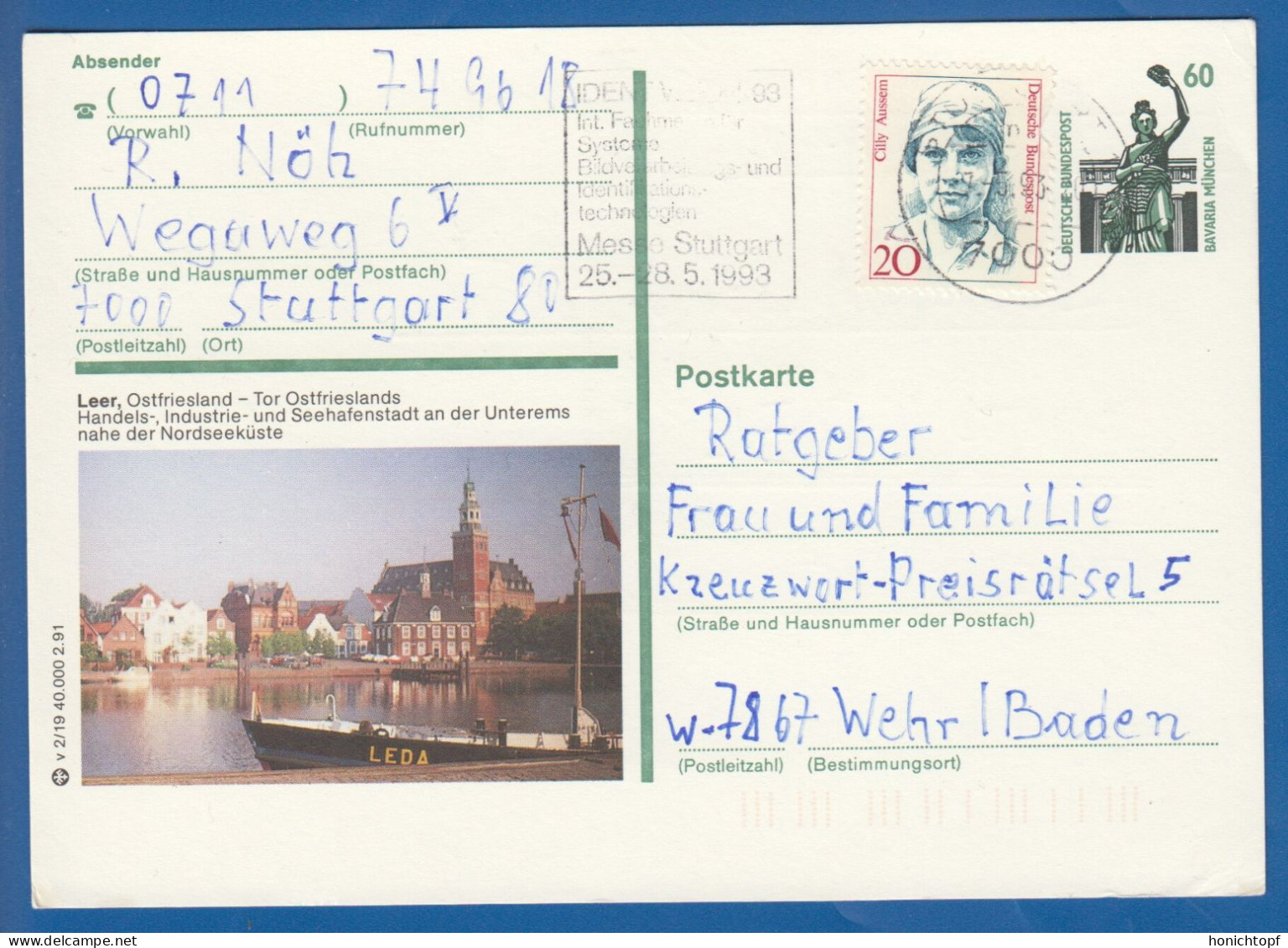 Deutschland; BRD; Postkarte; 20+60 Pf Bavaria München Und Cilly Aussem; Leer Ostfriesland 1993 - Illustrated Postcards - Used