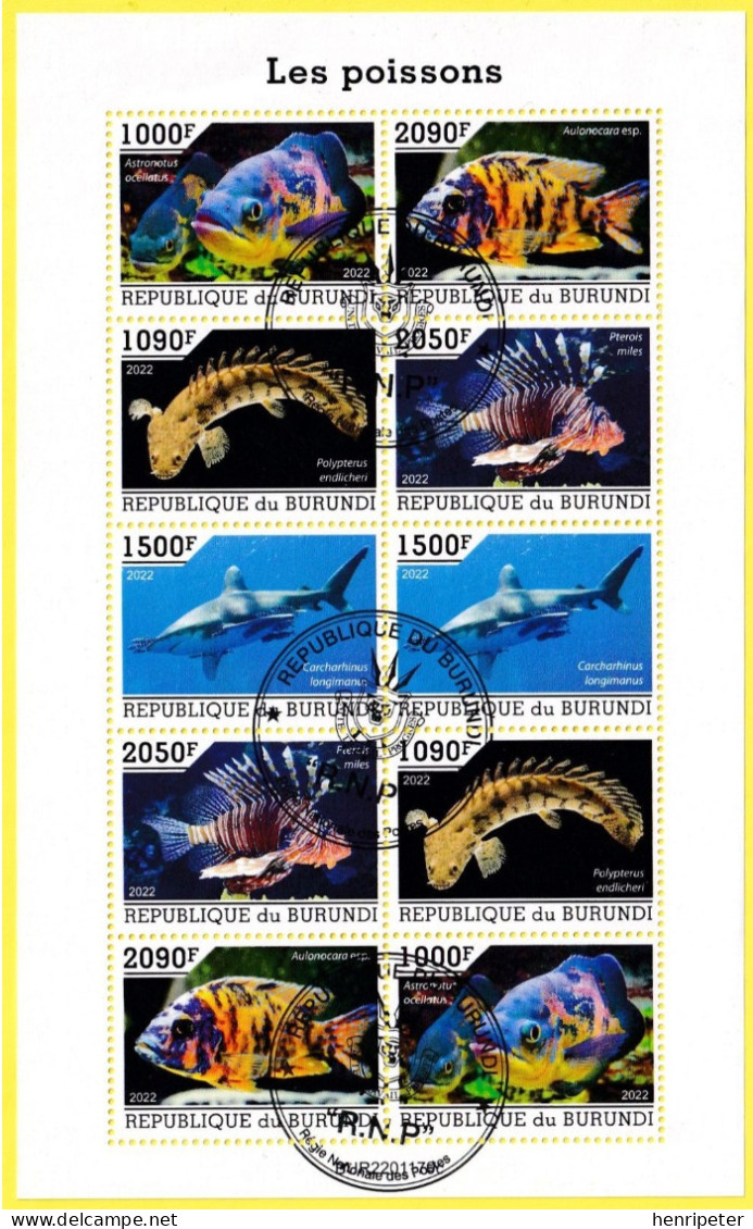 Feuille De 10 T.-P. Oblitérés - Les Poissons Oscar Bichir Sellé Requin Longimane Poisson-lion Aulonocara - Burundi 2022 - Oblitérés