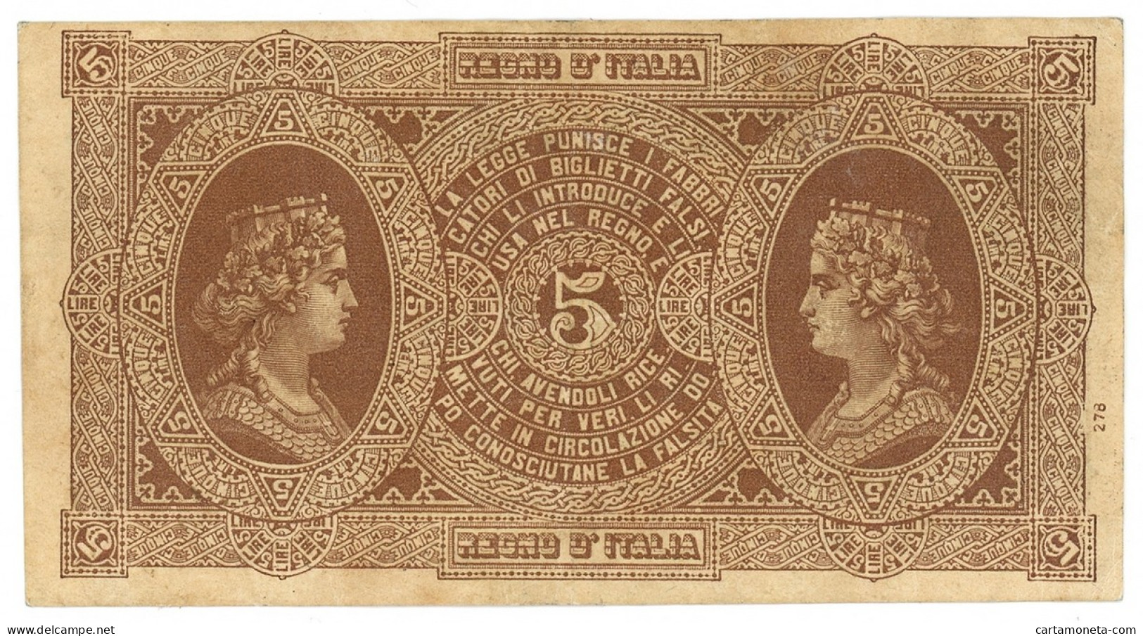 5 LIRE BIGLIETTO CONSORZIALE REGNO D'ITALIA 30/04/1874 BB+ - Biglietti Consorziale