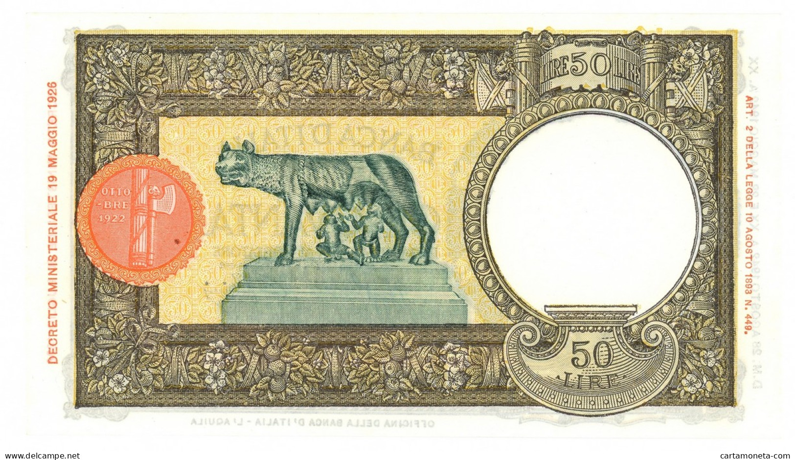 50 LIRE CAPRANESI LUPA CAPITOLINA M. STRETTO FASCIO L'AQUILA 28/08/1942 FDS-/FDS - Regno D'Italia - Altri