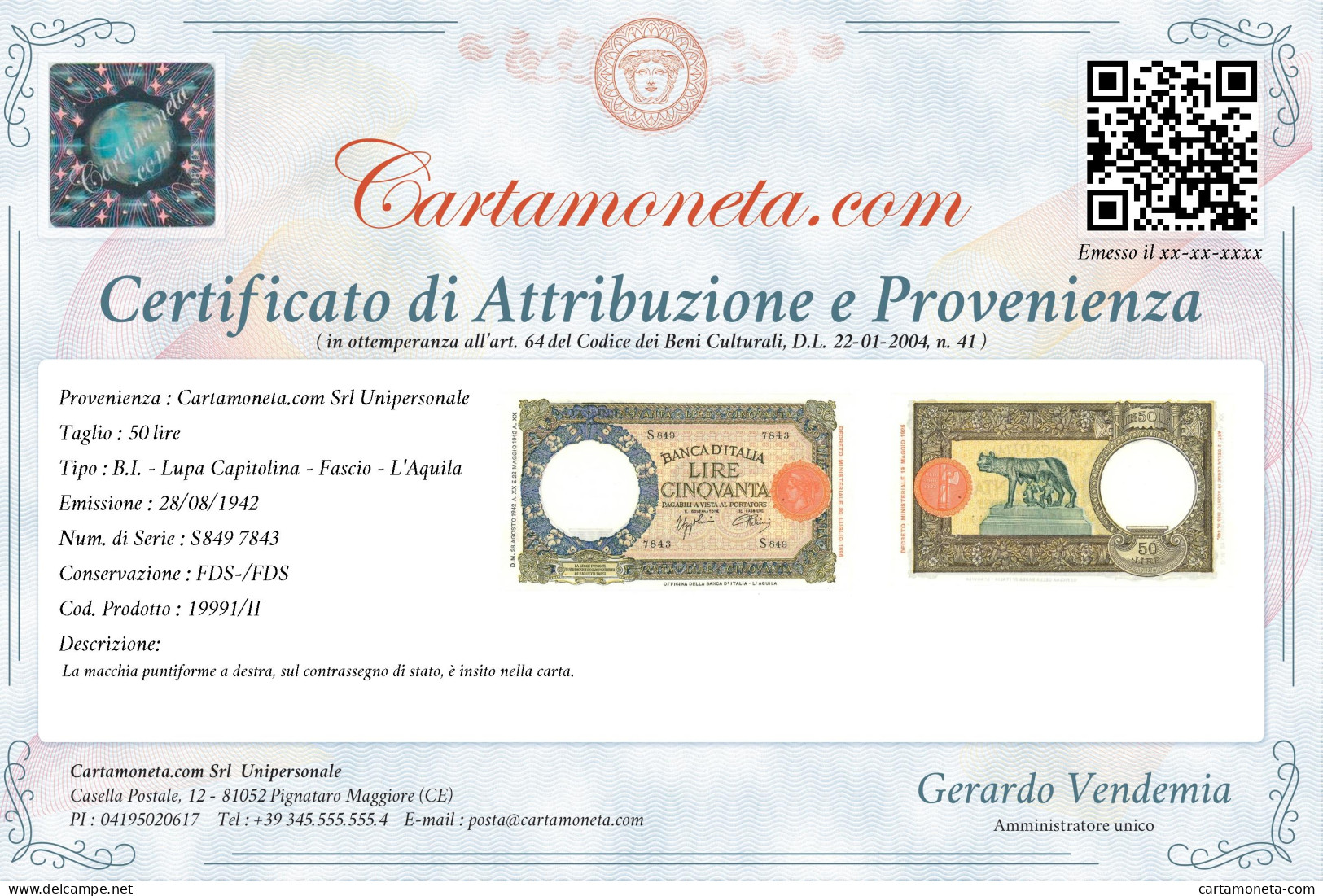 50 LIRE CAPRANESI LUPA CAPITOLINA M. STRETTO FASCIO L'AQUILA 28/08/1942 FDS-/FDS - Sonstige