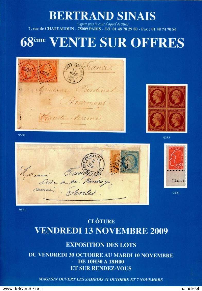 MARCOPHILIE POSTAL Bertrand SINAIS 68e  VENTE SUR OFFRES Clôture Vendredi 13 Novembre 2009 - Auktionskataloge