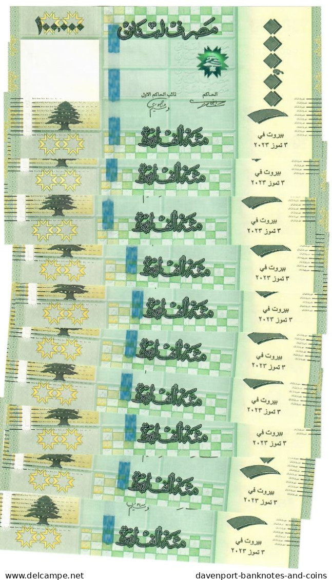 Lebanon 10x 100000 Pounds 2023 UNC New Smaller Size - Lebanon