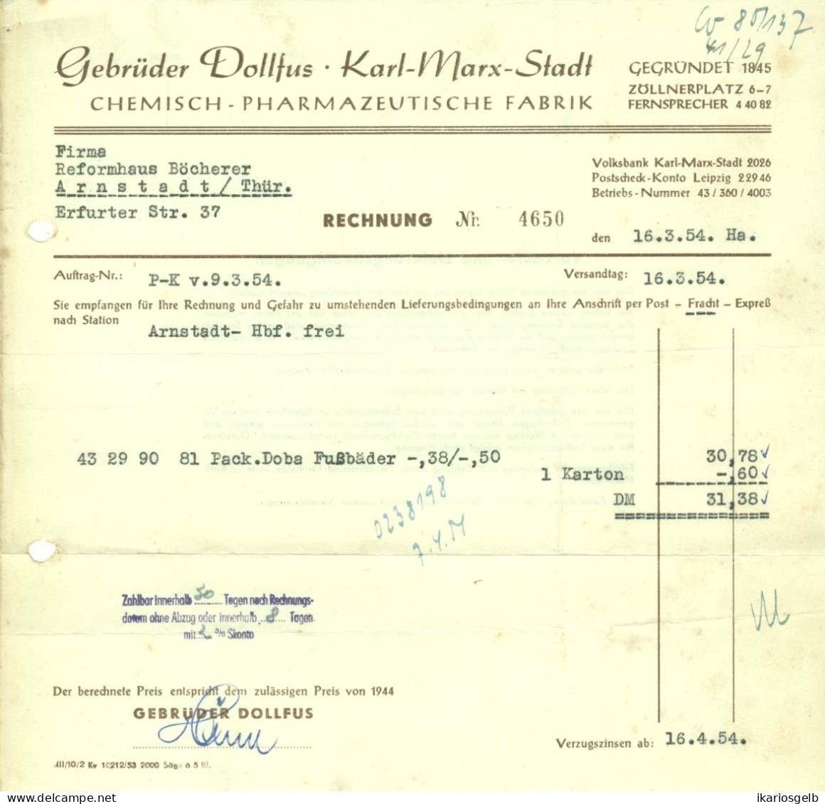 KARL-MARX-Stadt (Chemnitz) DDR 1954 Rechnung " Gebrüder Dollfus Chemisch-Pharmazetische-Fabrik " - Profumeria & Drogheria