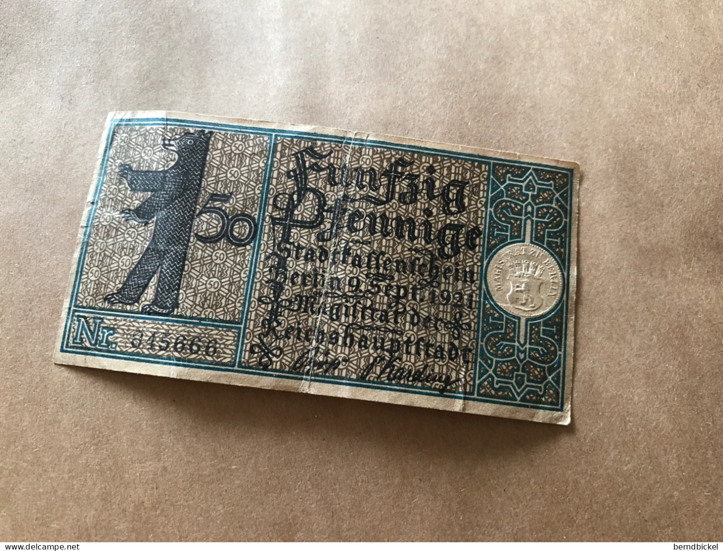 Banknote Geldschein Notgeld Deutsches Reich 50 Pfennig 1921 Berlin Charlottenburg - Zwischenscheine - Schatzanweisungen
