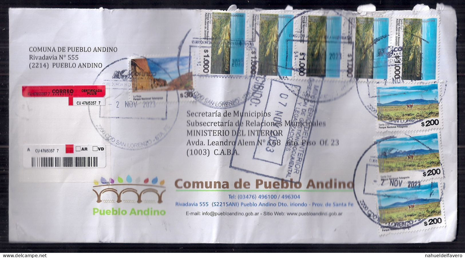 Enveloppe Argentine Distribuée En 2023 Avec Beaucoup De Timbres - Cartas & Documentos