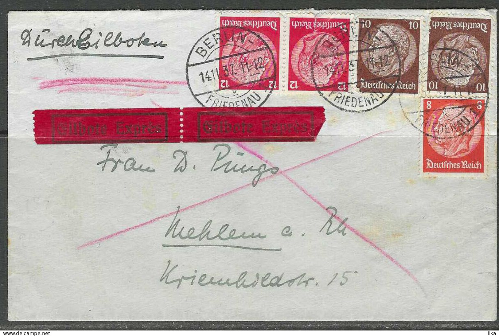 Cover - Eilbote Exprès - Afg./Obl. Berlin-Friedenau 1 - YT N°446 2x N°447 2x N°449 - 14/11/1937 >> Mehlem Am Rhein - Omslagen