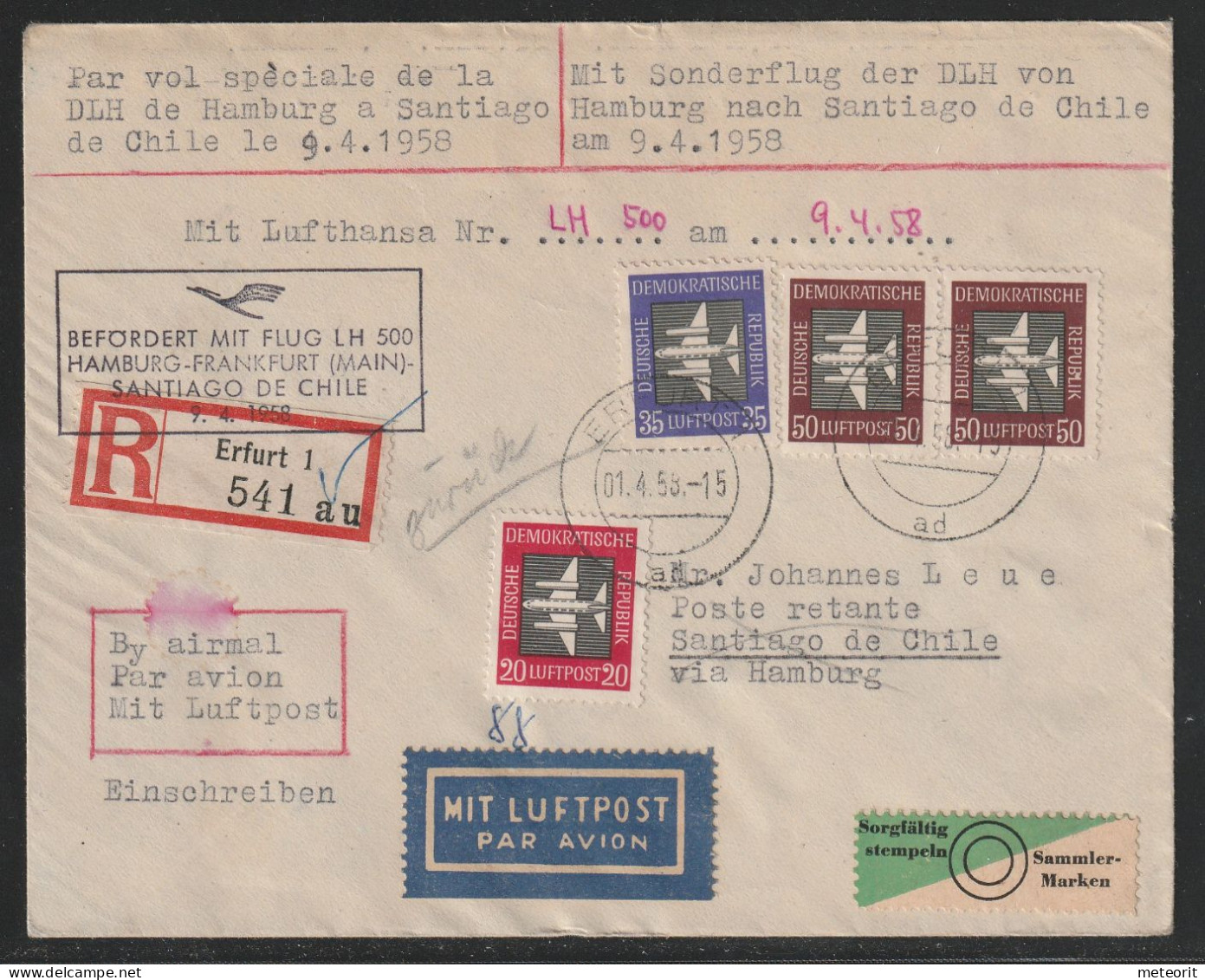 EINSCHREIBEN, Zuleit-Luftpostbrief Mit MiNr. 610+611+612/612 Gestempelt ERFURT 1 01.04.58.-15 Ad, Sonderflug - Luftpost