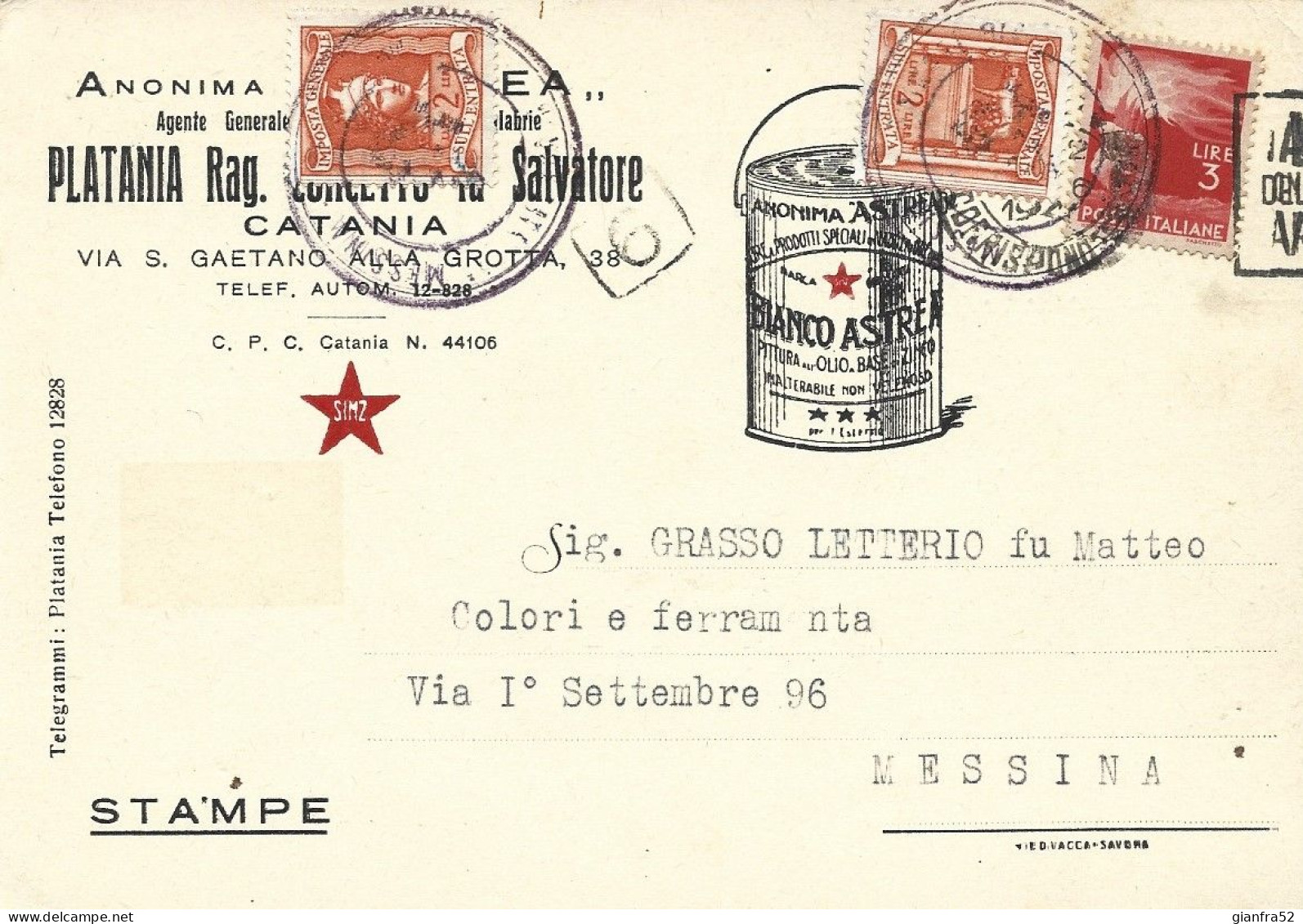 STORIA POSTALE 20/6/1946 CARTOLINA COMMERCIALE "BIANCO ASTREA" SPEDITA A STAMPE LIT 3 CON LIT 3 DEMOC. ISOLATO N. 553 - Reklame