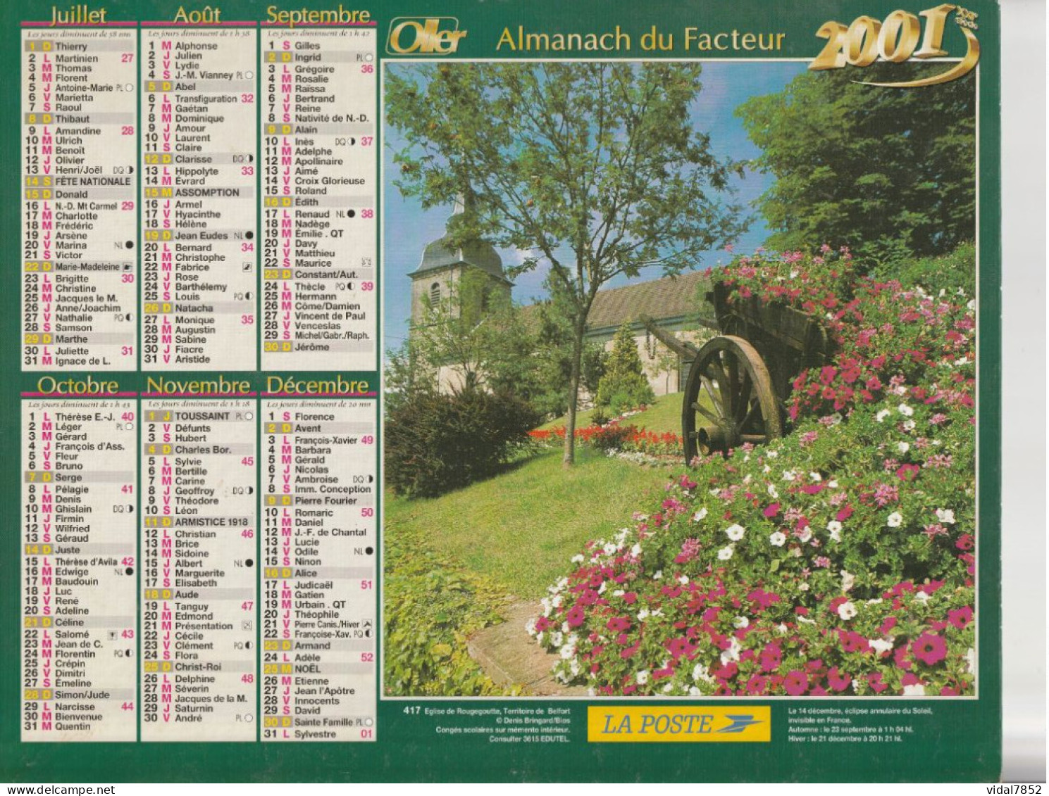 Calendrier-Almanach Des P.T.T 2001 Maison Toit Chaume-Eglise De Rougegoutte-Département AIN-01-417-OLLER - Grand Format : 2001-...