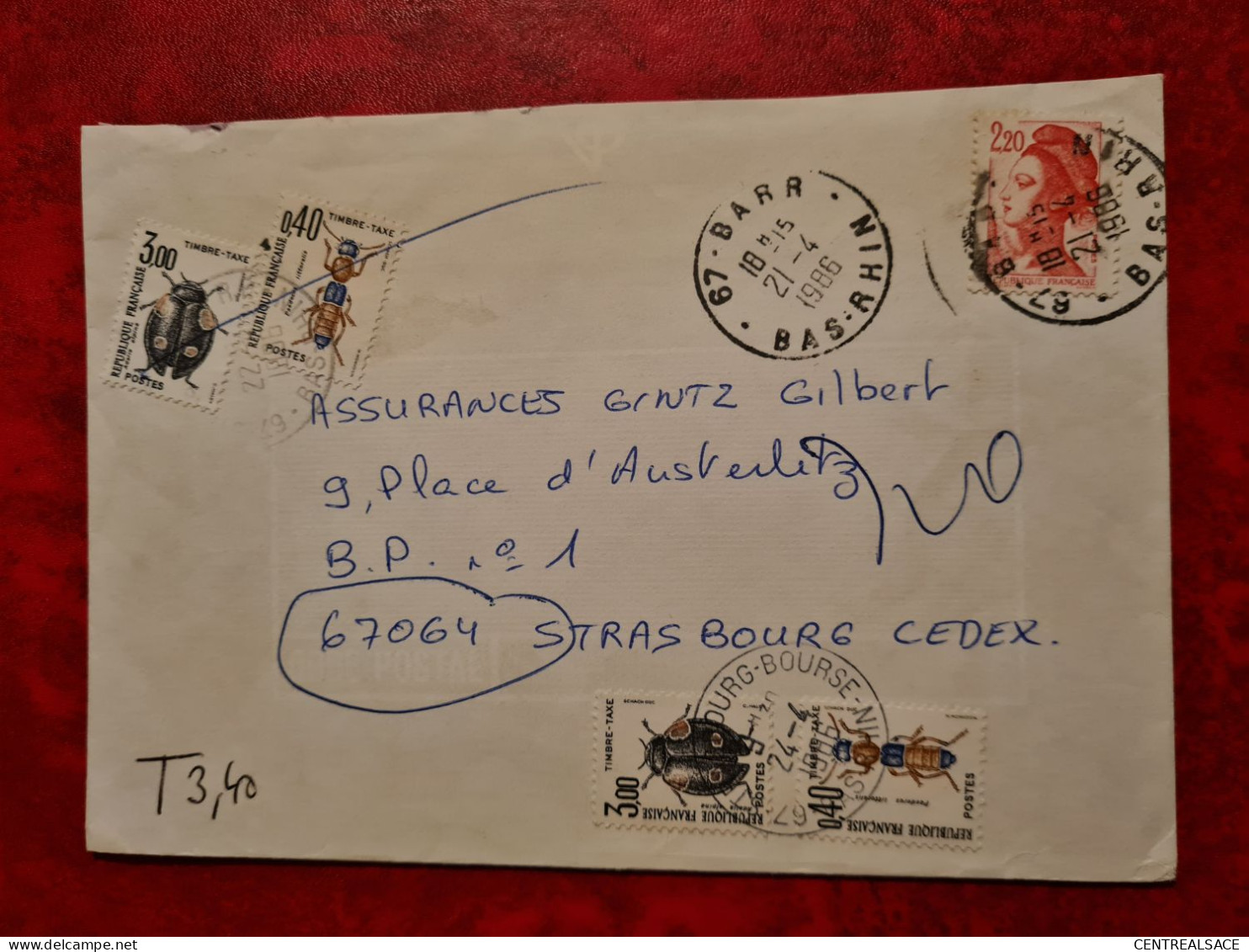 LETTRE 1986 BARR POUR    STRASBOURG BOURSE    TIMBRES TAXE COLEOPTERES - Other & Unclassified