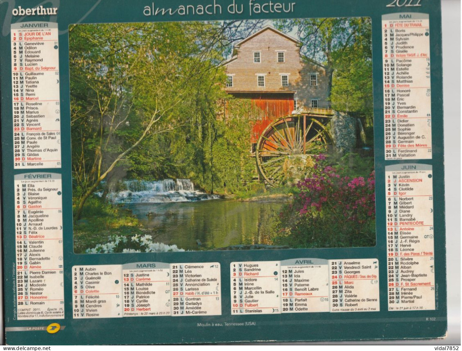 Calendrier-Almanach Des P.T.T 2011-Moulin A Eau, Tenessee-pont Des Oules -Département AIN-01-OBERTHUR - Grand Format : 2001-...