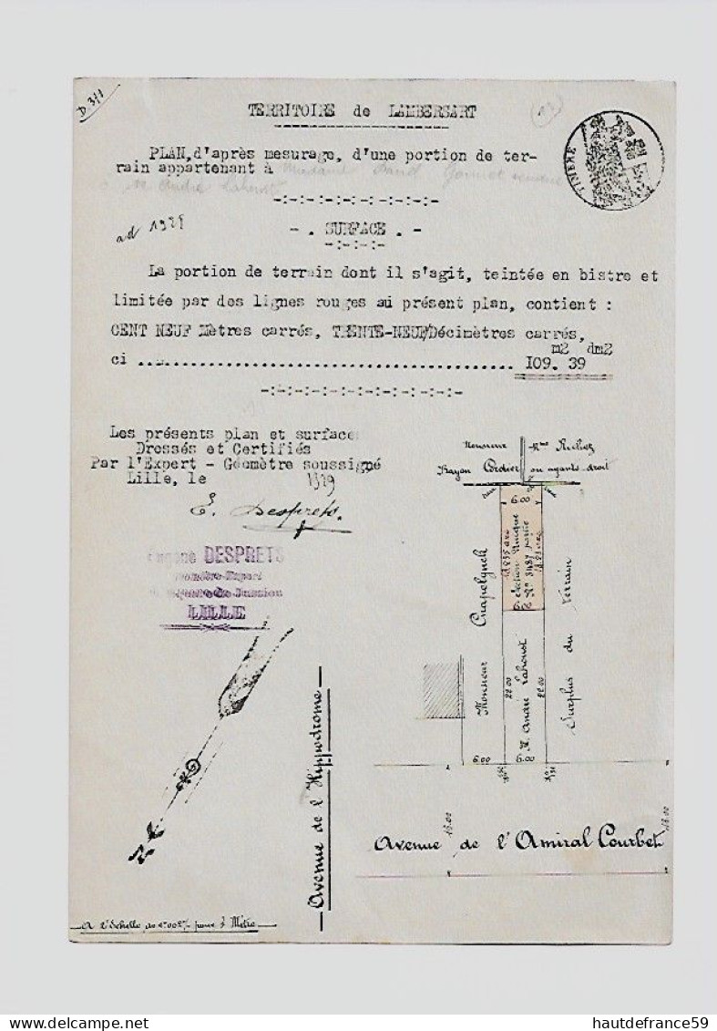 RARE Ancien Plan Original De Géomètre 19205 Territoire LAMBERSART^plan & Portion Terrain Certifié Signé DESPRETS - Topographical Maps