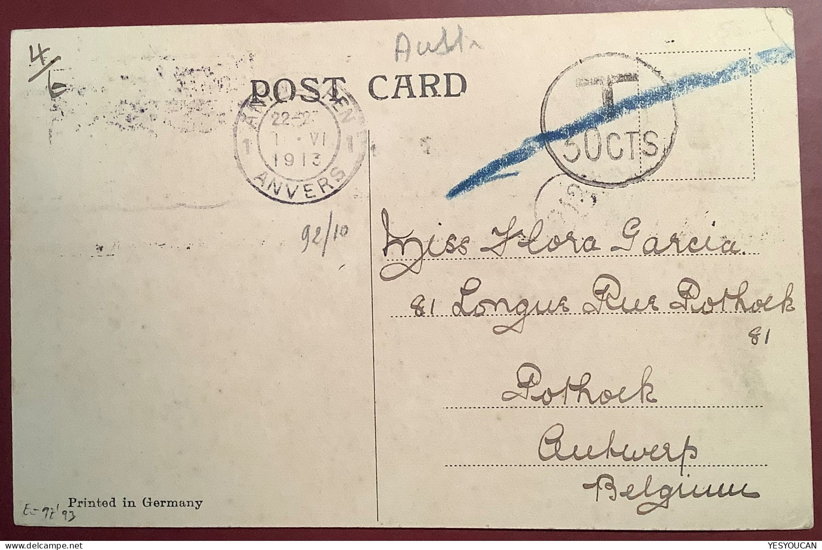 1913South Australia RARE BELGIAN ROULETTE Arrival Cancellation On Postage Due Adelaide Ppc>Anvers Belgique(belge Belgium - Briefe U. Dokumente