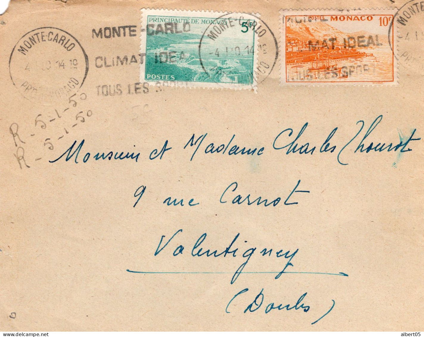 Lettre De Monte Carlo Pour Valentigney - Années50 - Postmarks