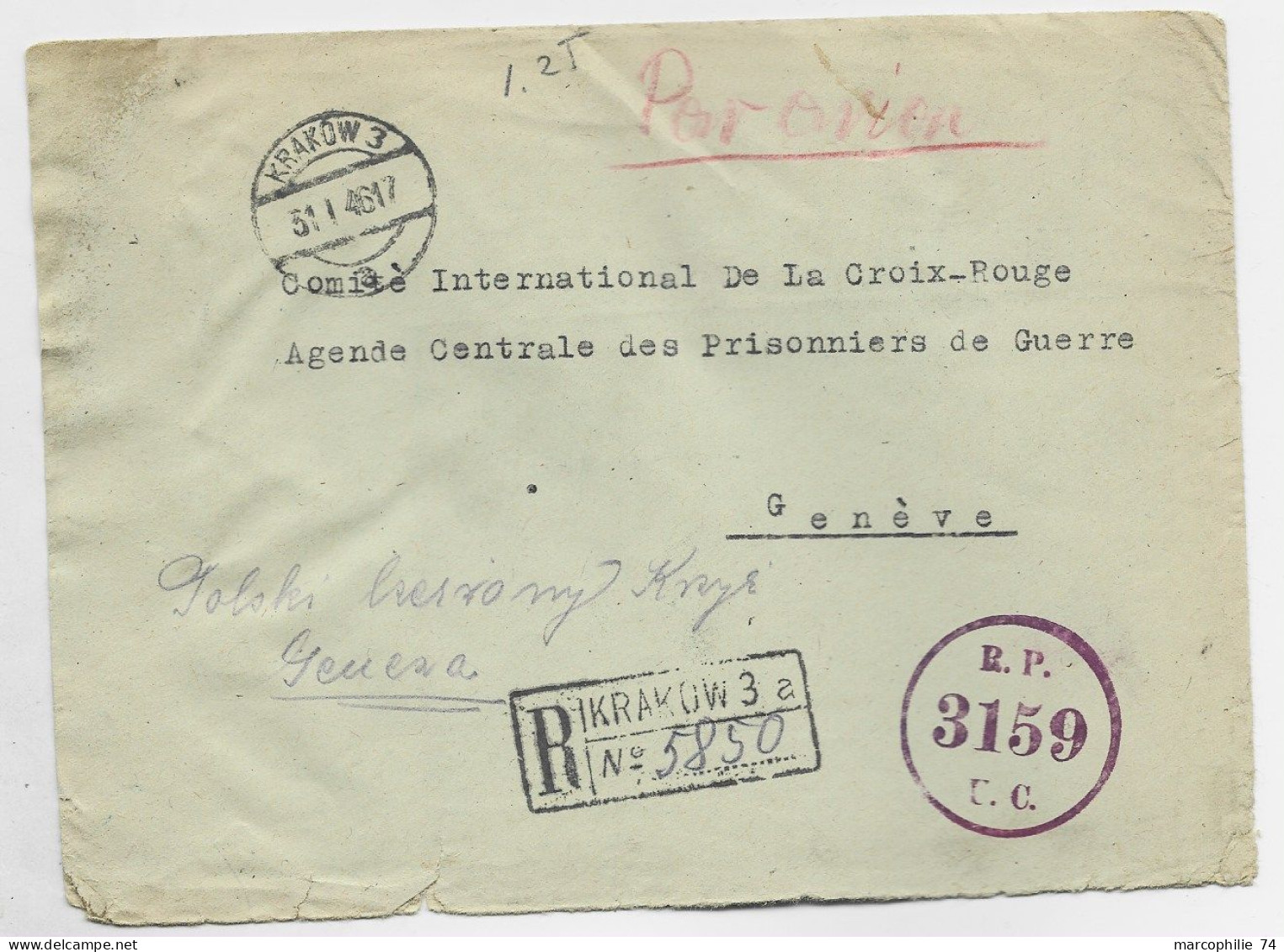 POLAND POLSKA 10ZT+6ZT REPLIE  AU VERSO LETTRE COVER AVION RECKRAKOW 31.1.1946 W 1946  + CENSURE TO HELVETIA - Covers & Documents