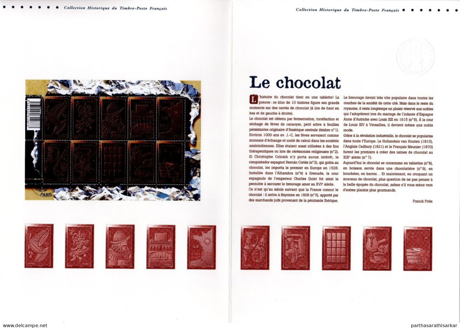 FRANCE 2009 CHOCOLATE SCENTED UNUSUAL MINIATURE SHEET CANCELLED OFFICIAL DOCUMENT WITH PROOF USED - Other & Unclassified