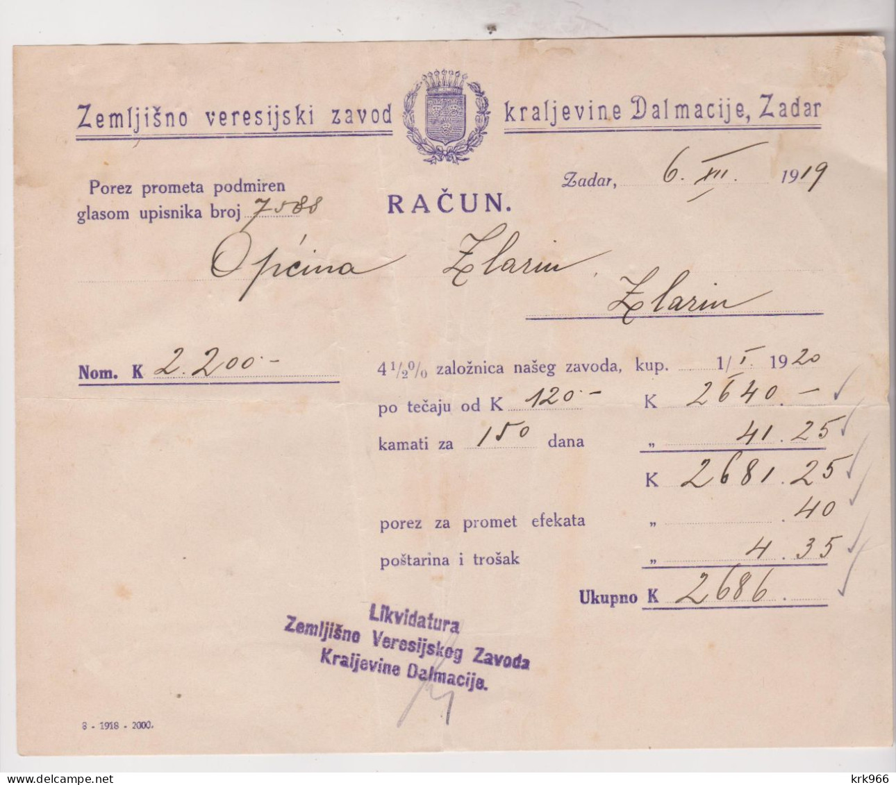 CROATIA  1919 AUSTRIA HUNGARY  ITALY ZADAR  Nice Bill Document - Österreich